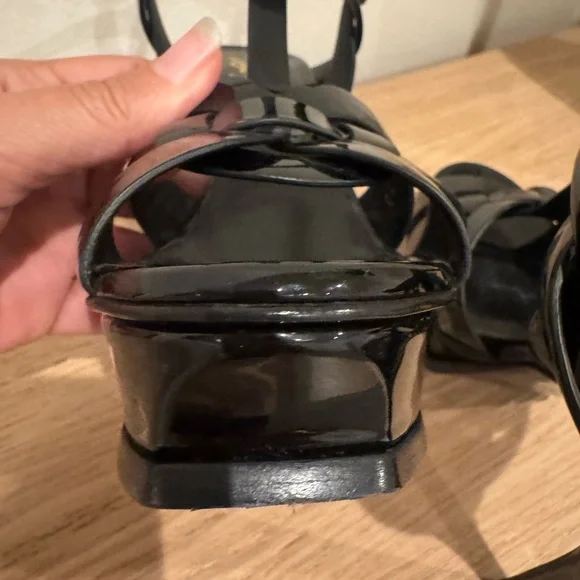 Saint Laurent Black Patent T-Strap Heels with Gold Logo - Picture 12 of 16